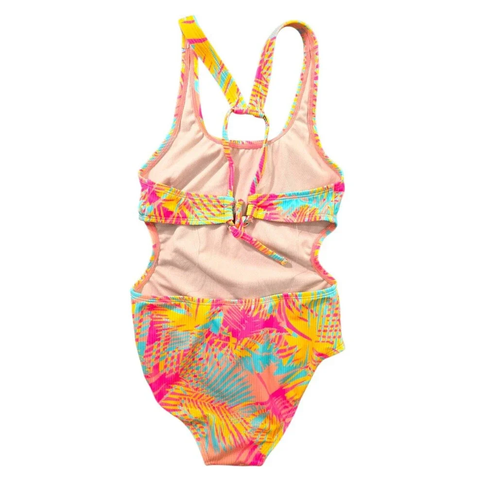 Art Class Girls One-Piece Swimsuit Ribbed Knit Multi Tropical Print Sz M NWT